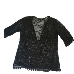 Spiaggia Dolce Black Crochet Lace Swim Cover Up Tie Front Scalloped Hem 1X